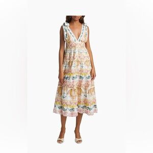 Farm Rio Maritime Magic Cotton Eyelet-Trim Midi-Dress NWT